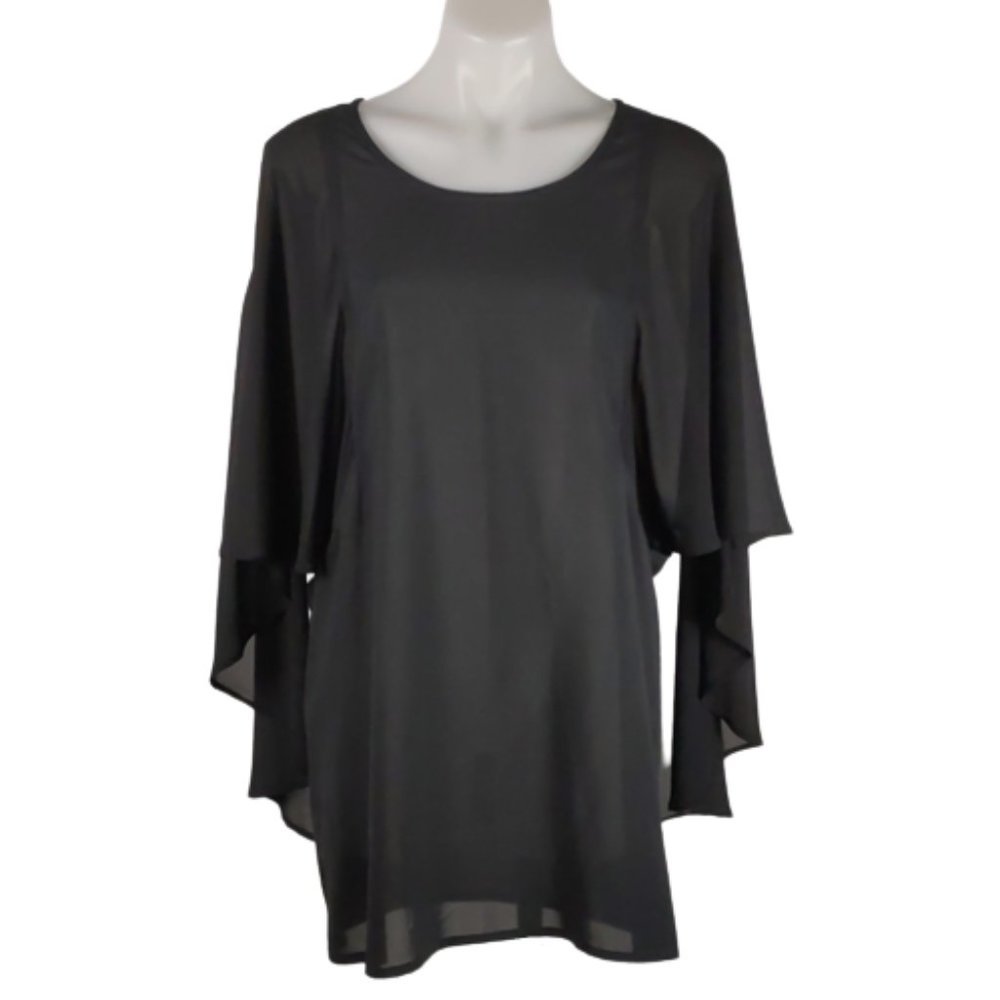 Staple Women's Top Size 10 Black Sheer Cape Tunic Round Neck Kimono Sleeves - Picture 1 of 13